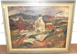 20th century school - Landscape with houses and chimney-stacks beyond, oil, 36 x 48cm