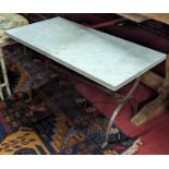 A white variegated marble topped and X-framed steel based rectangular coffee table, length 90cm