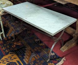 A white variegated marble topped and X-framed steel based rectangular coffee table, length 90cm
