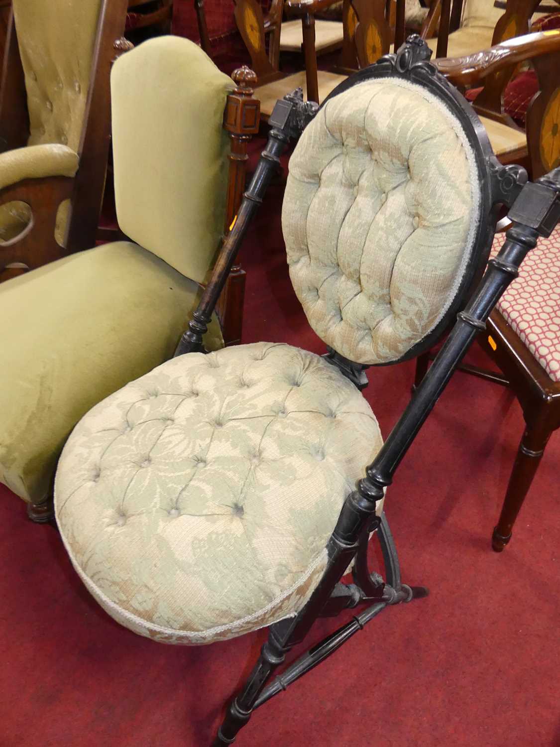 A circa 1900 mahogany campaign chair, with ratchet adjustable mechanism and fabric padded - Image 4 of 4