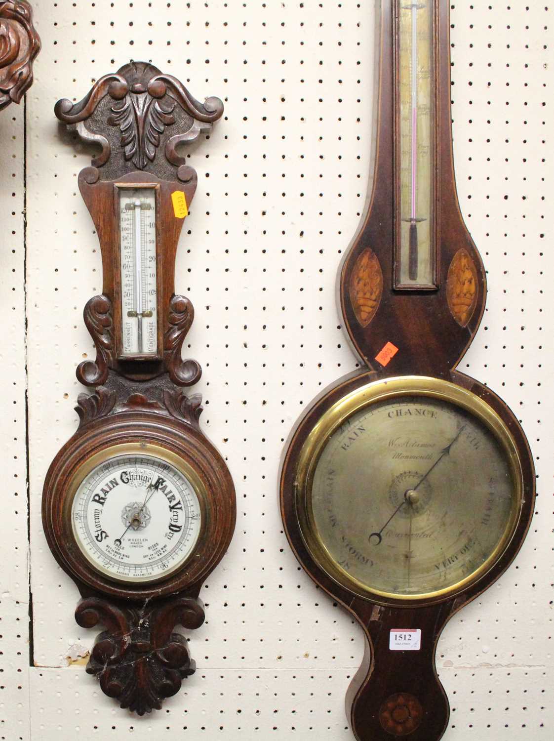 W. Adamos of Monmouth - a circa 1830 mahogany and inlaid two-dial wheel barometer, h.95cm; - Image 2 of 3
