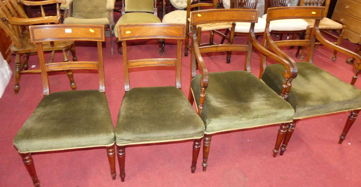 A set of six 19th century mahogany barback dining chairs, having reeded detail and green fabric