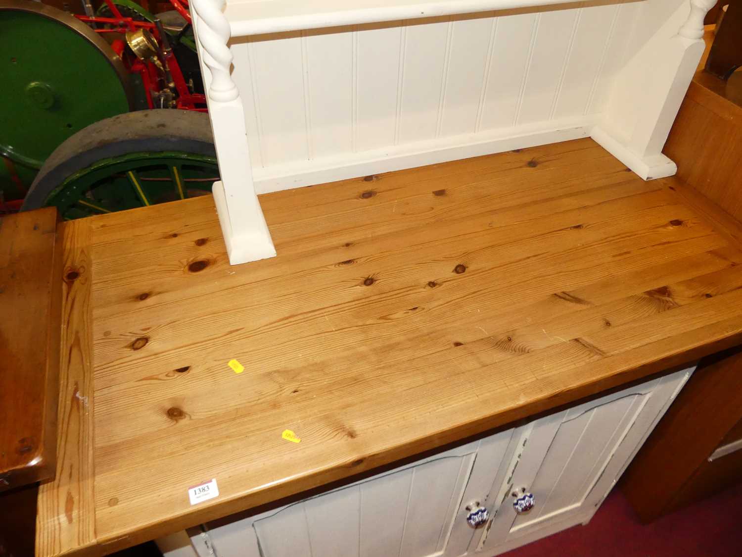 A modern pine and part white painted dresser, having two-tier open plate rack over base with twin - Image 3 of 4