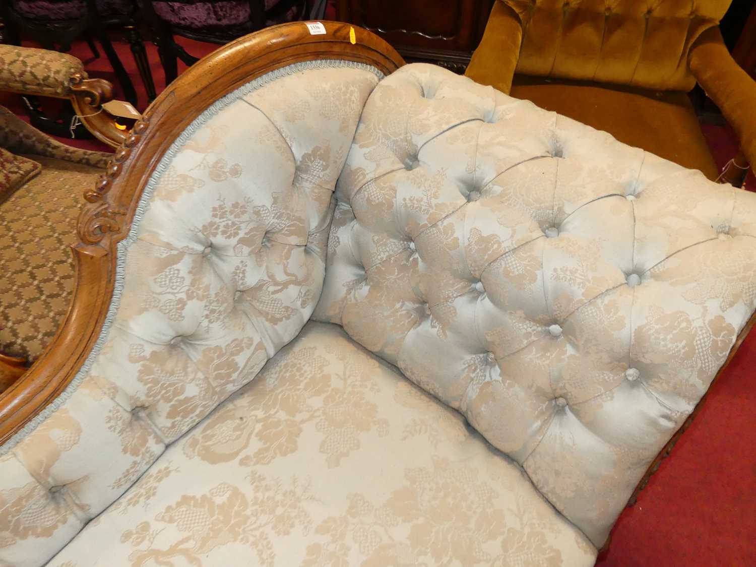 A mid-Victorian figured walnut framed and blue floral buttoned damask upholstered chaise-longue, - Image 3 of 5