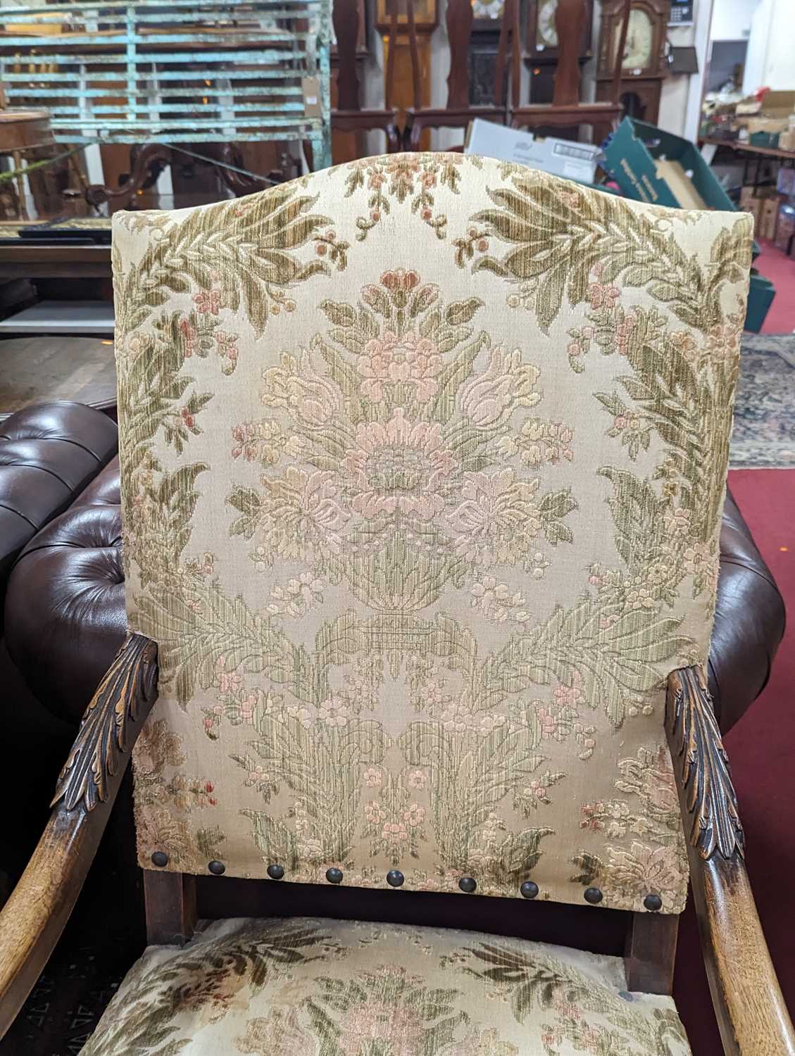 An early 20th century French walnut and acanthus leaf carved open armchair, having floral - Image 3 of 3