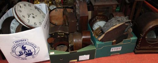 Three boxes of assorted clock cases, wall clocks etc, all for spares and repair