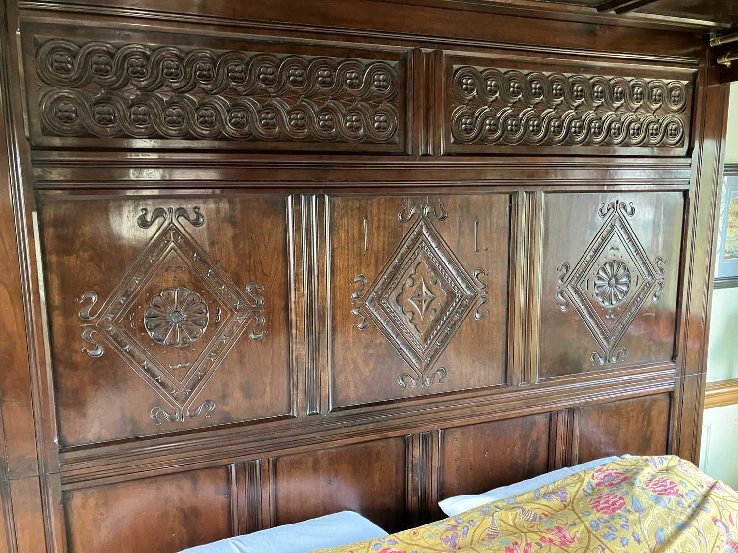 A contemporary joined cherry wood floral relief carved and panelled full tester bed, in the 17th - Image 3 of 6