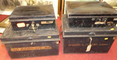 A Victorian metal deed box annotated for Harris & Others Ltd, w.47cm; together with three others (