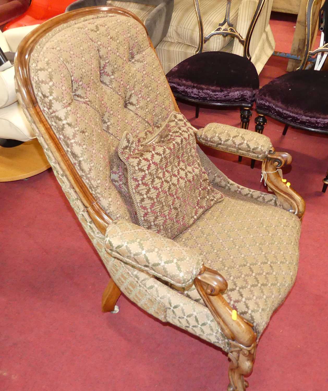 A mid-Victorian mahogany framed and buttoned floral fabric upholstered scroll open armchair, w.69cm - Image 3 of 5