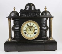 A late Victorian slate mantel clock, having unsigned white enamel dial (lacking glass), French brass