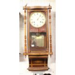 An American rosewood and marquetry inlaid droptrunk wall clock, circa 1900, h.87cm