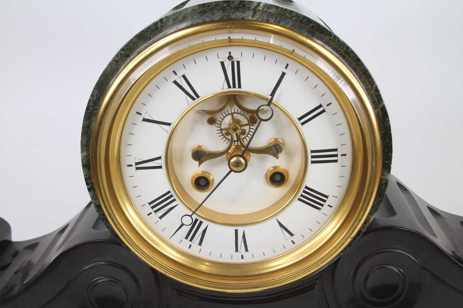 A late Victorian polished slate and veined green marble drumhead mantel clock having visible - Image 2 of 9