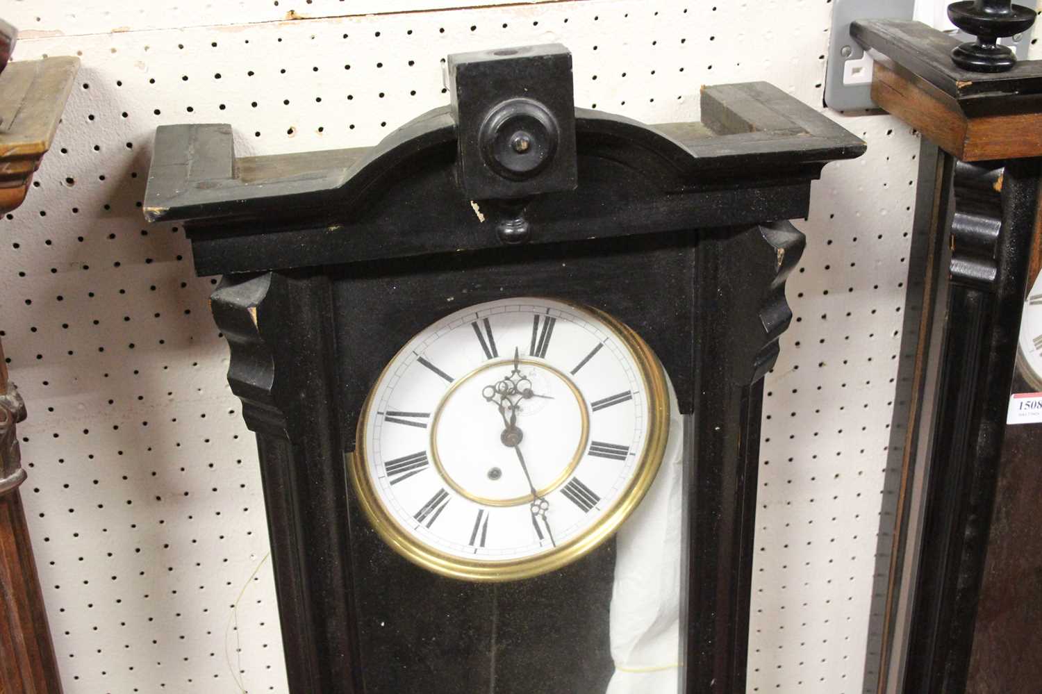 A circa 1900 Vienna walnut and ebonised droptrunk wall regulator, with weight, h.100cm; together - Image 2 of 2