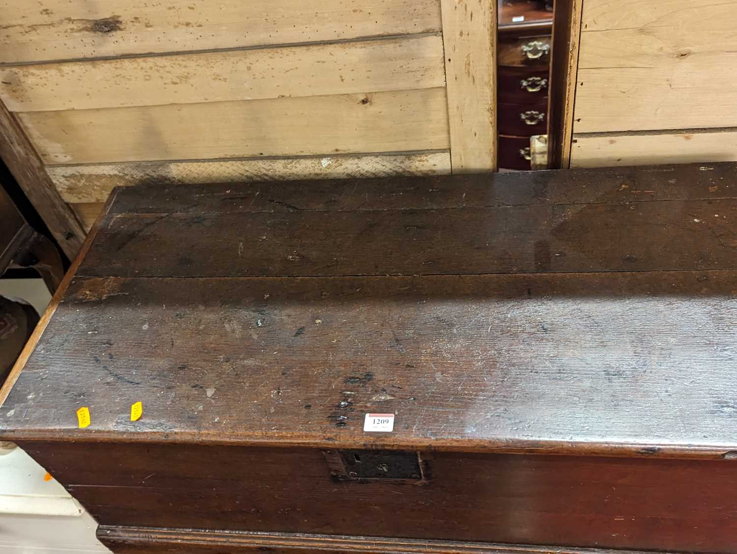 An 18th century oak hinge top blanket chest, width 93cm Missing an obvious section of moulding to - Image 2 of 3