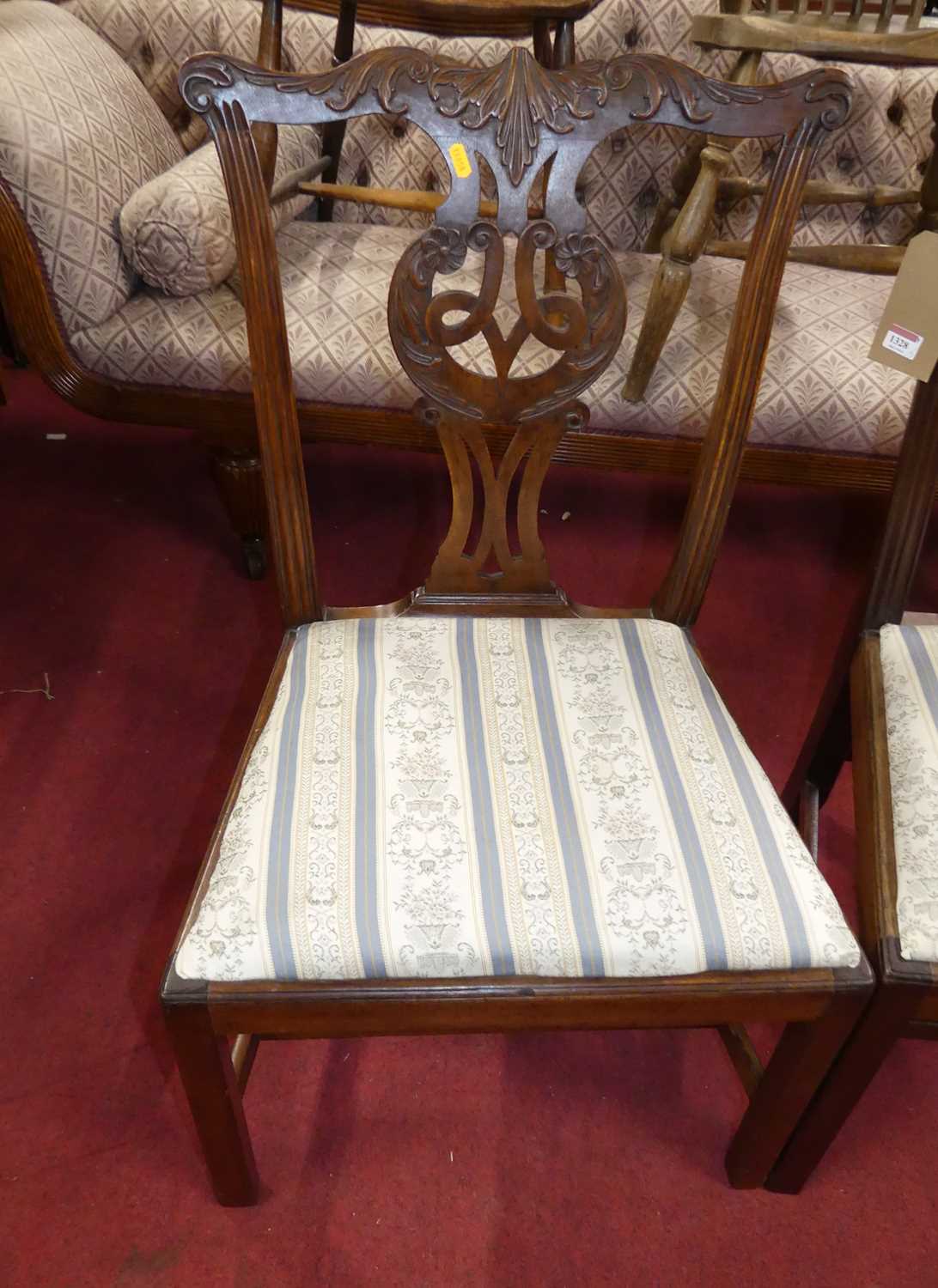 A set of three Chippendale style mahogany splatback dining chairs, each having striped upholstered - Image 2 of 4
