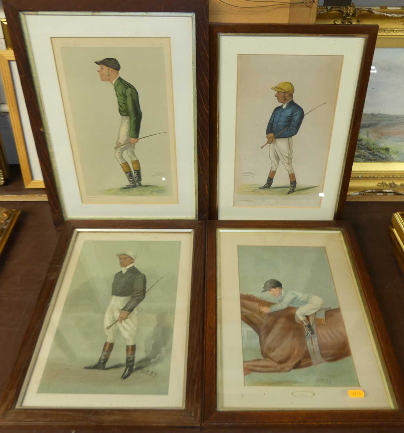 Ten various oak framed Spy prints of jockeys, to include the Demon and Rick