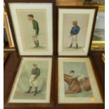 Ten various oak framed Spy prints of jockeys, to include the Demon and Rick