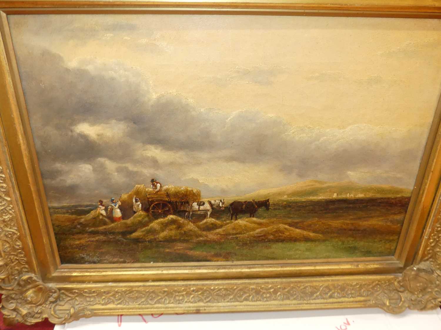 19th century English school - Loading the haycart under heavy skies, oil on canvas, 35 x 51cm - Image 2 of 14