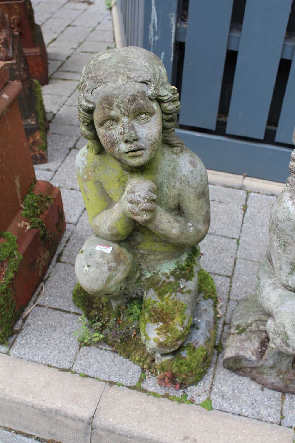 A pair of reconstituted stone garden figures, each modelled as a kneeling young girl, to - Image 3 of 3