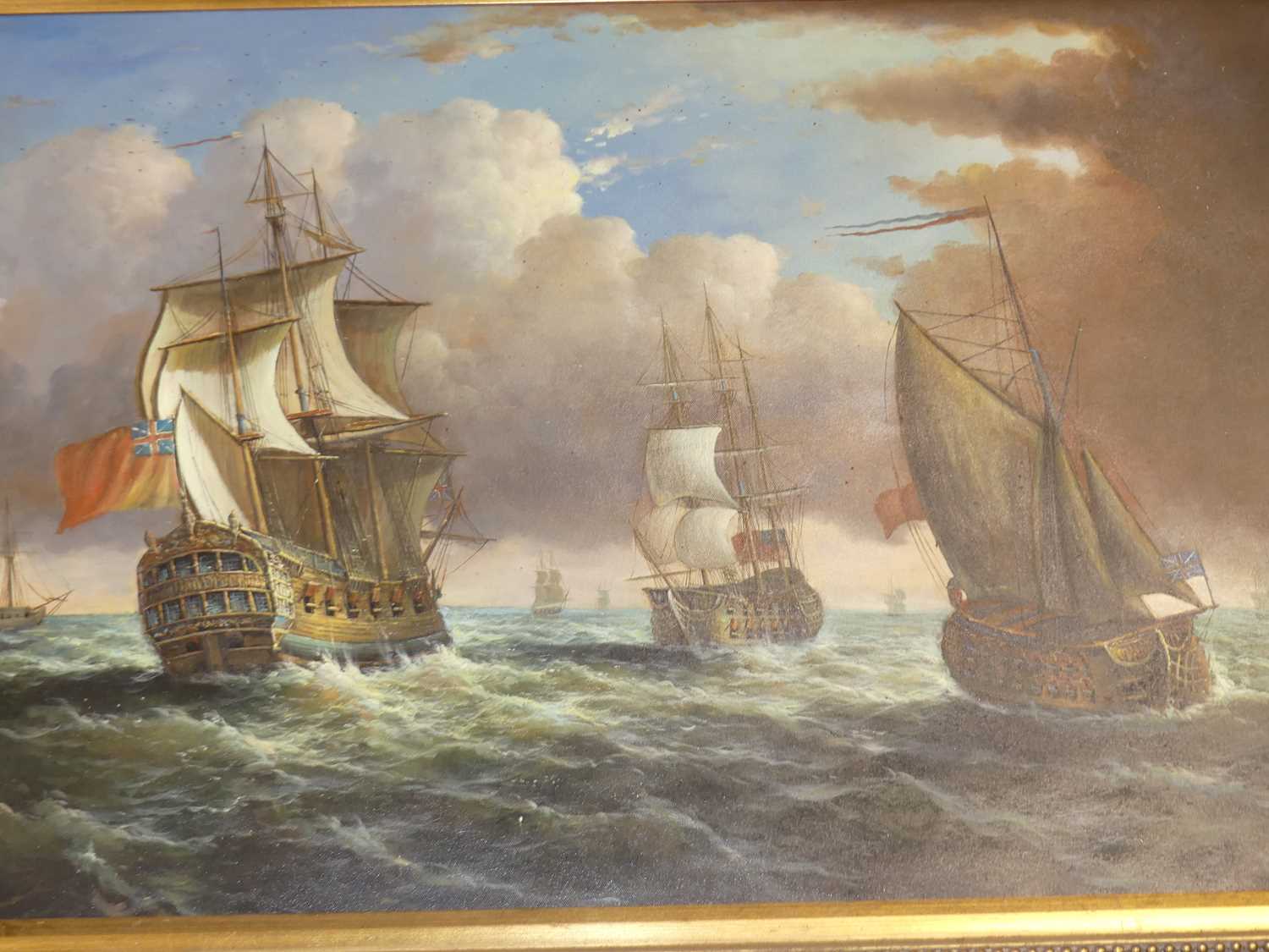 After Peter Monomy - British Naval Frigates heading out to sea, oil on canvas, 60x90cm - Image 2 of 2