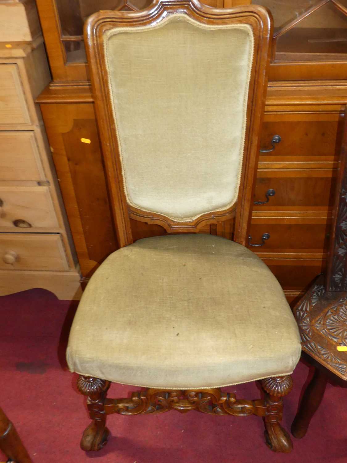 A 19th century Italian walnut high-backed single hall chair, having green dralon upholstered back - Image 2 of 3