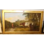 H Dawson - Milking time, oil on canvas, signed lower left, 32 x 59cm
