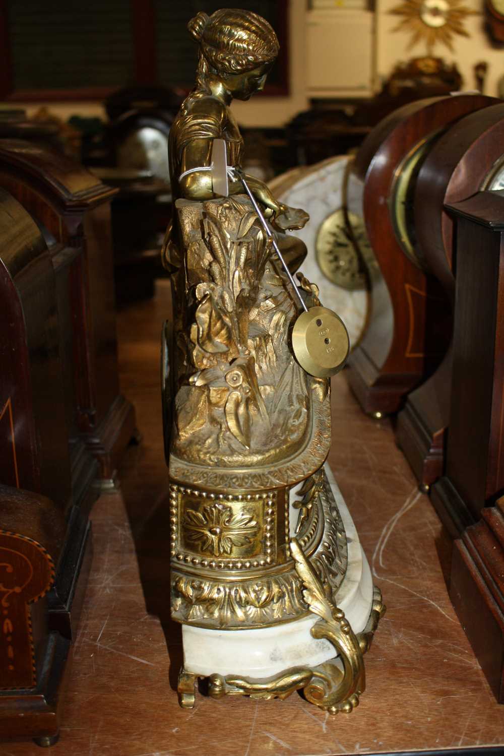 A French gilt brass and marble mantel clock, 20th century, the whole surmounted with a maiden and - Image 3 of 3
