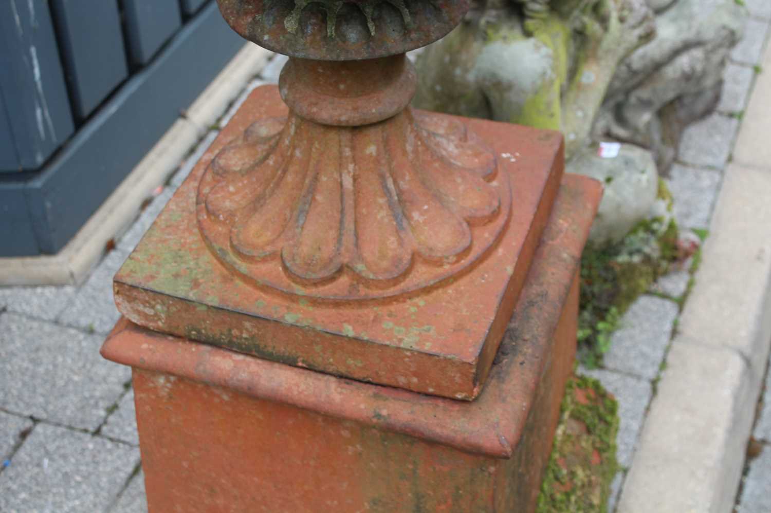 A terracotta fluted pedestal garden urn, raised on a square stepped base, overall height 123.5cm - Image 2 of 4