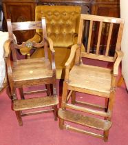 Two 19th century elm, yew and fruitwood panelled seat child's high chairs
