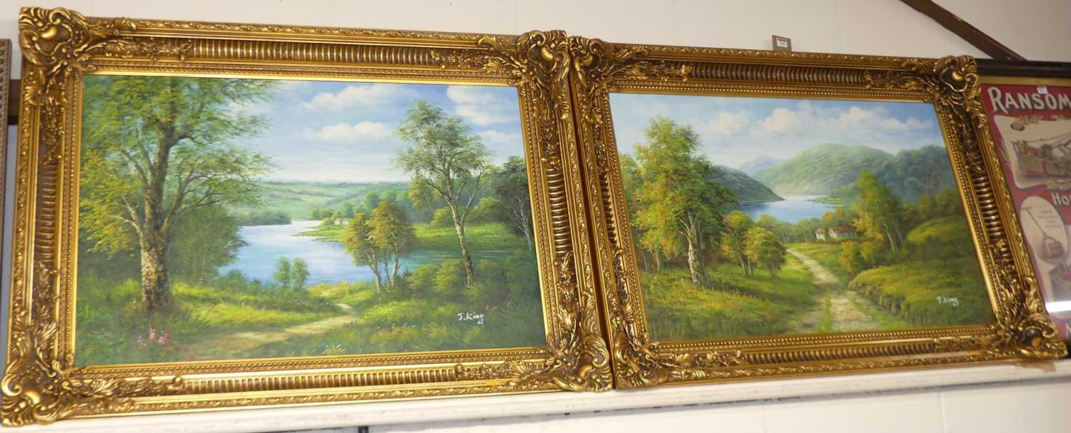 J. King - Pair; Extensive mountain landscape scenes, oil on canvas, each signed lower right, 60 x