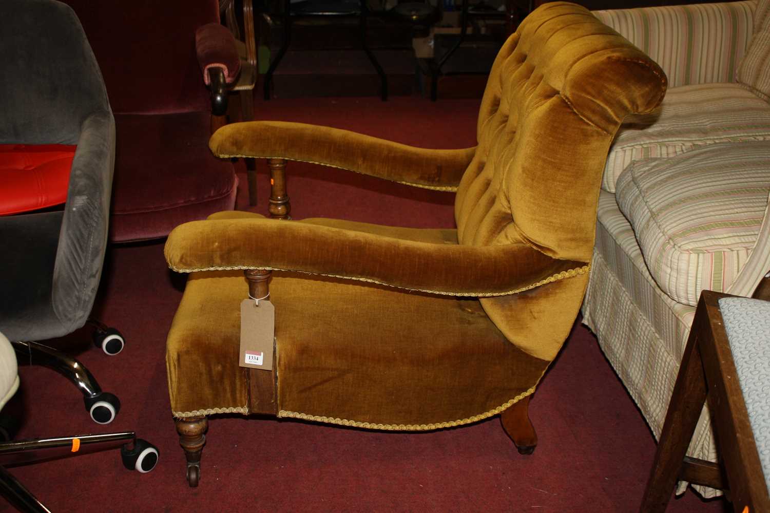 A mid-Victorian mahogany framed mustard buttoned dralon upholstered open armchair, raised on squat - Image 4 of 4