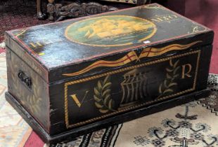 A 19th century painted sea chest titled 'HMS ALTO' to top, with iron mounts and conforming end carry