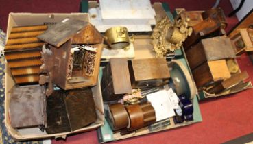Four boxes of assorted mantel clocks and clock parts, to include some cuckoo clocks etc (most for