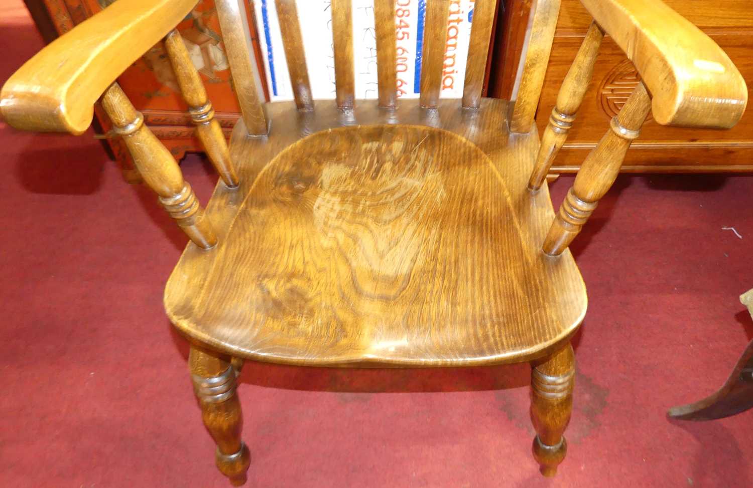 An early 20th century elm and beech slatback farmhouse open armchair, w.60cm - Image 3 of 3