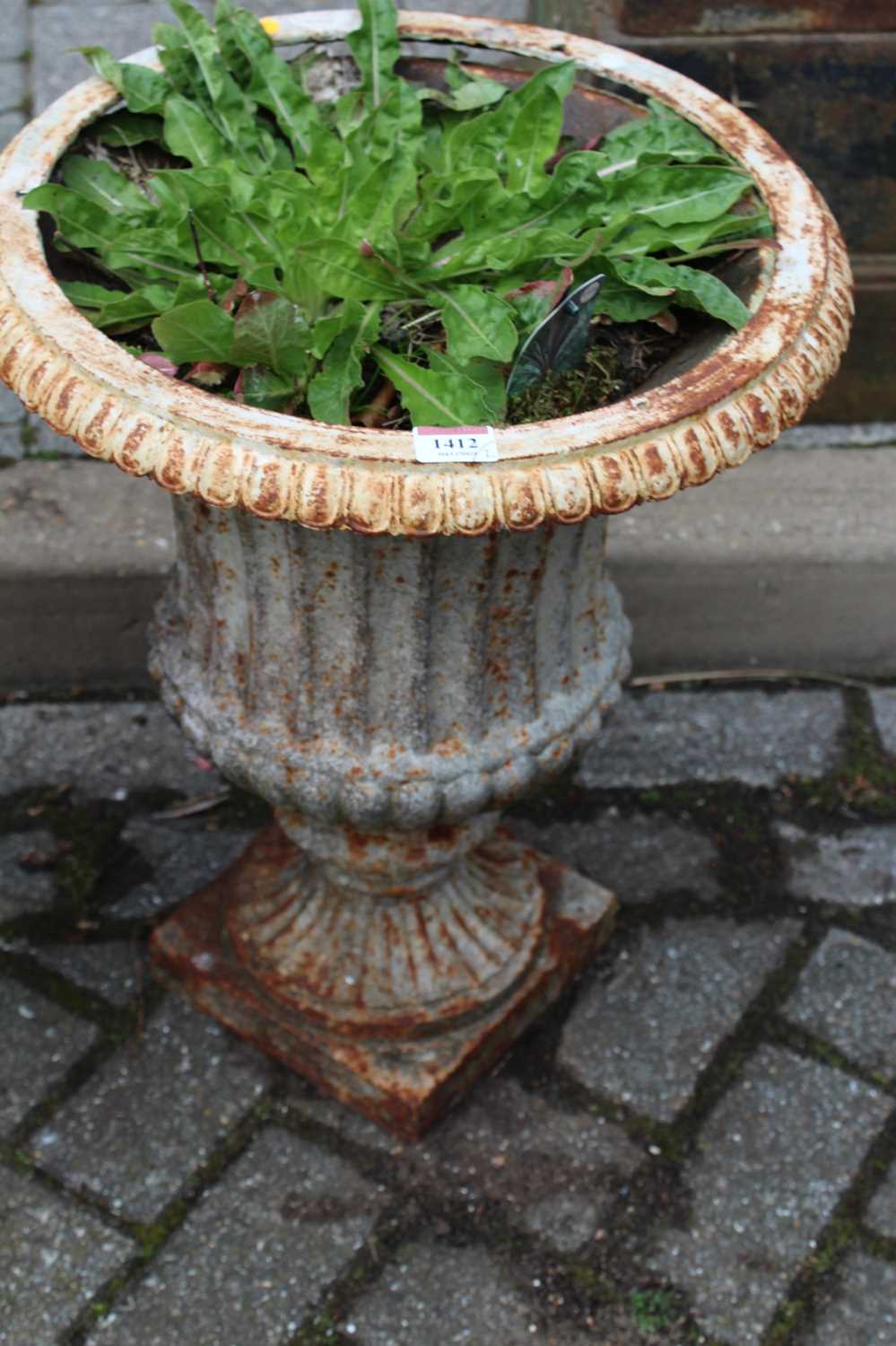 A pair of white painted cast iron pedestal garden urns, in the classical taste, height 50cm - Image 2 of 2