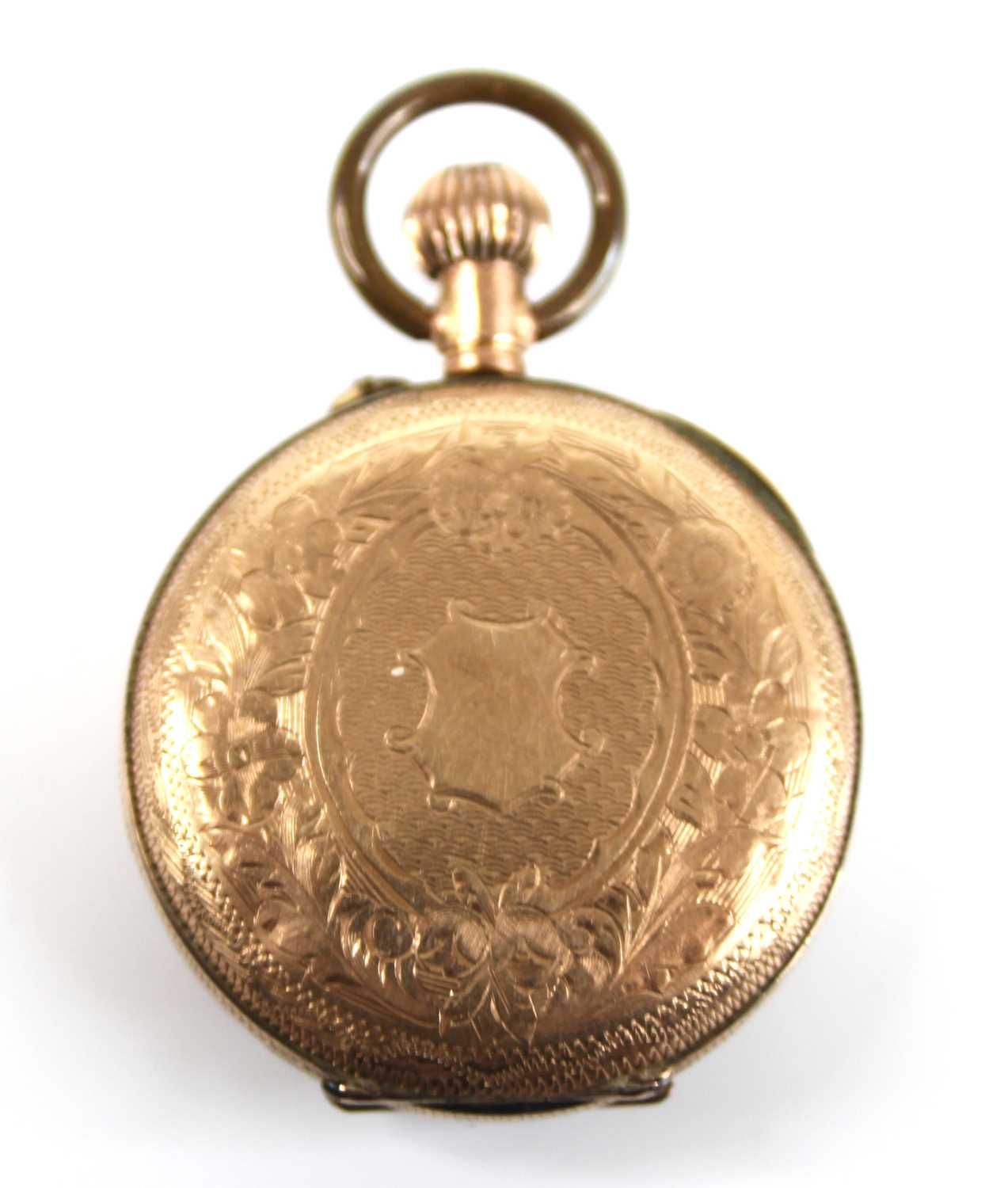 A continental lady's 9ct gold cased fob watch, the case with all-over engraved decoration, white - Image 2 of 6