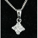 An 18ct white gold diamond pendant and chain, the pendant featuring four Princess cut diamonds in
