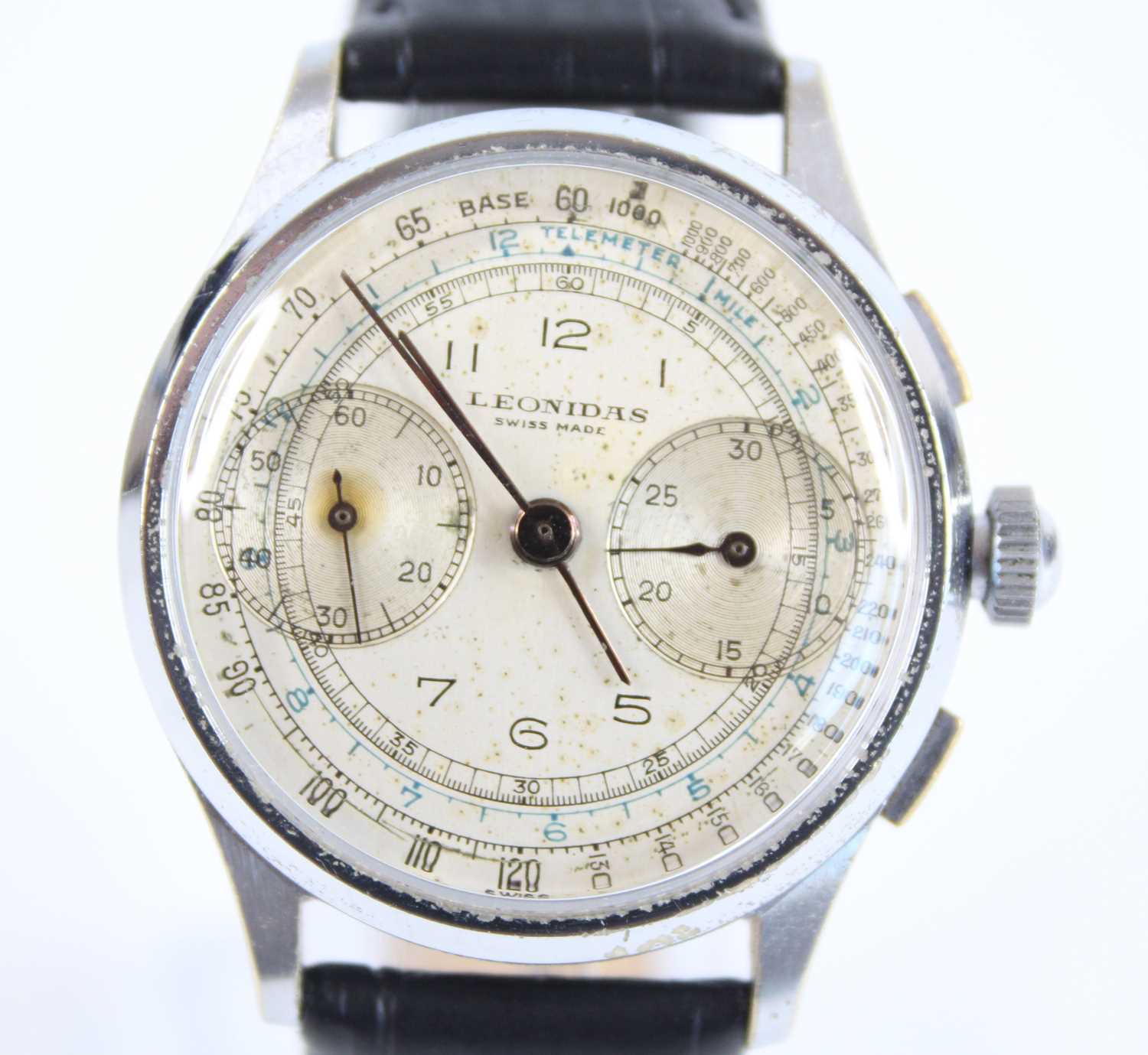 A steel Leonidas manual wind military chronograph wristwatch, having round cream dial and sub