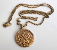 A 9ct gold St Christopher pendant, dia.26mm, on 9ct gold flat curblink neck chain, length 56cm,