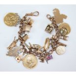 A 9ct gold curblink bracelet containing a collection of charms, principally in 9ct gold and to