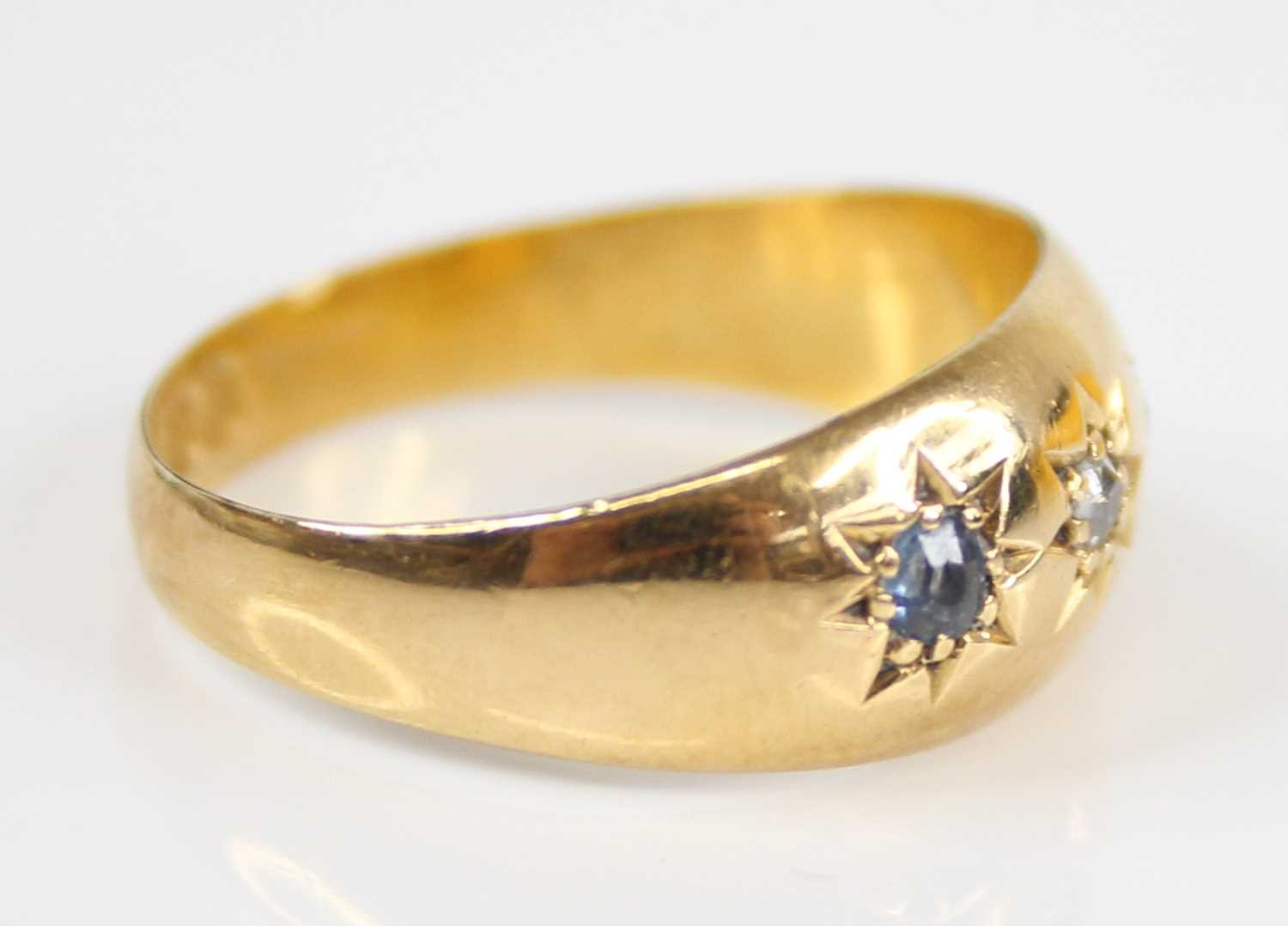 An Edwardian 18ct gold sapphire & diamond set band ring, the round cut stones each being gypsy - Image 2 of 7