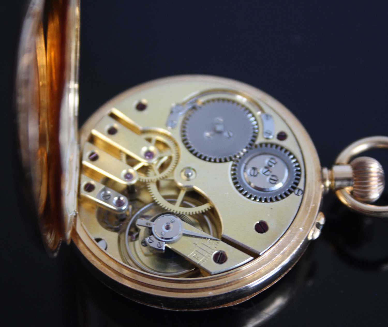 An 18ct gold keyless open faced pocket watch with round white Roman dial and case back engraved with - Image 5 of 8