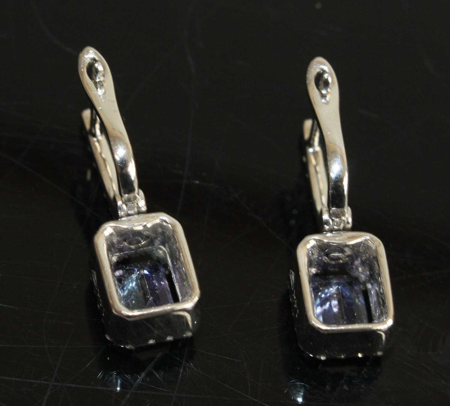 A pair of white metal, tanzanite and diamond drop earrings, each featuring a rectangular cut - Image 3 of 3