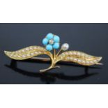 A yellow metal, seed pearl, turquoise and diamond set leaf and flower bar brooch, the flower centred