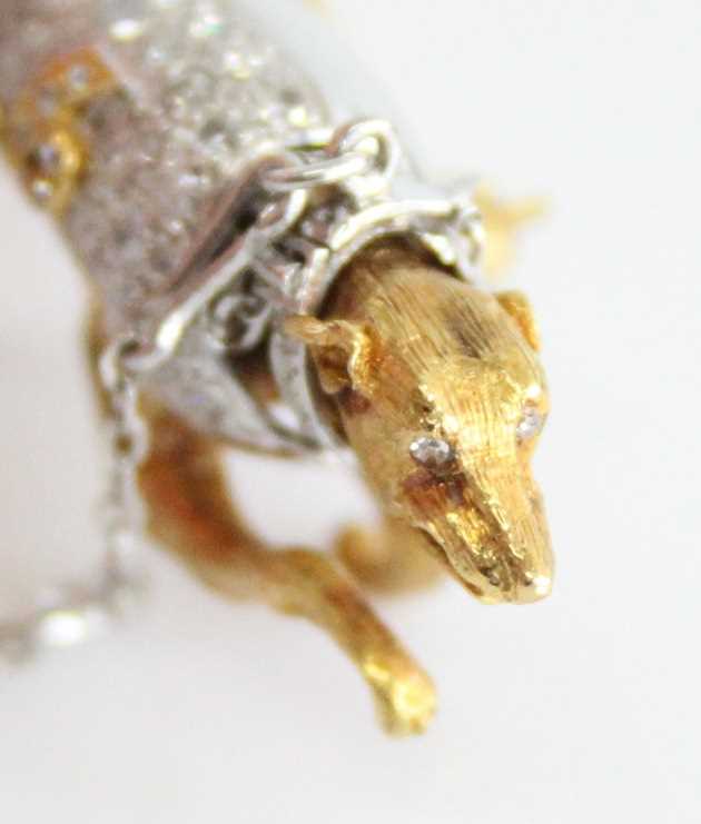 A yellow and white metal greyhound brooch, having pavé set diamond jacket and removable collar, with - Image 4 of 7