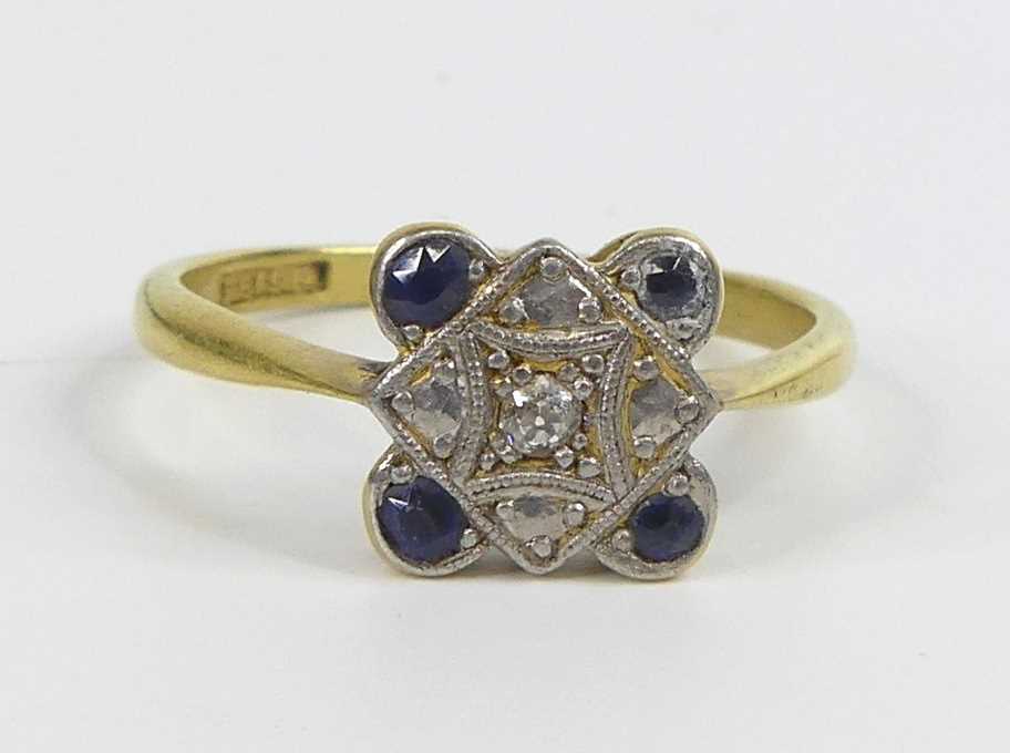 A yellow and white metal, sapphire and diamond quatrefoil cluster ring, featuring a centre Old - Image 2 of 7