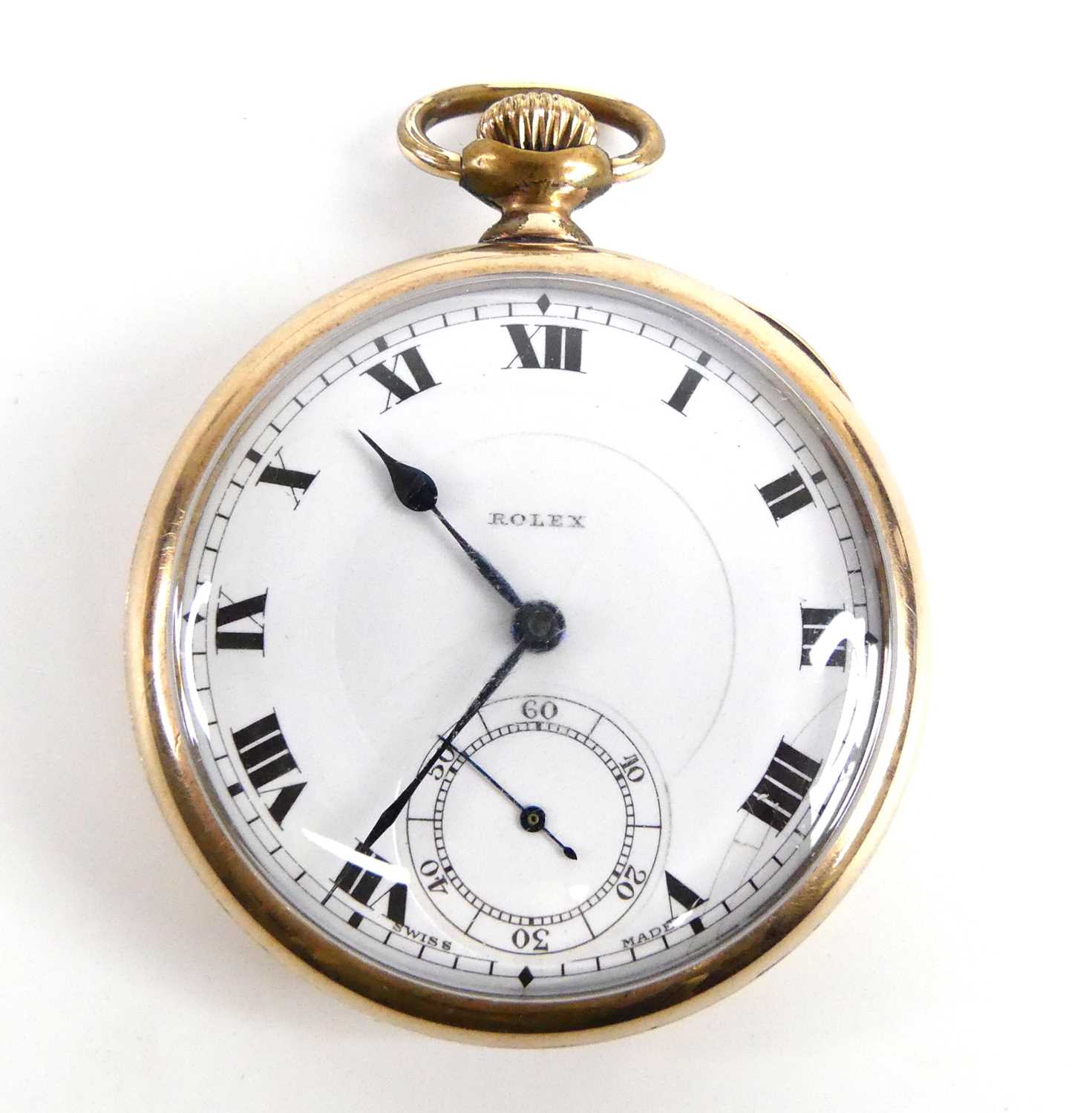 A Rolex gold plated keyless open-face pocket watch, with round white Roman dial having blued steel