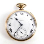 A Rolex gold plated keyless open-face pocket watch, with round white Roman dial having blued steel