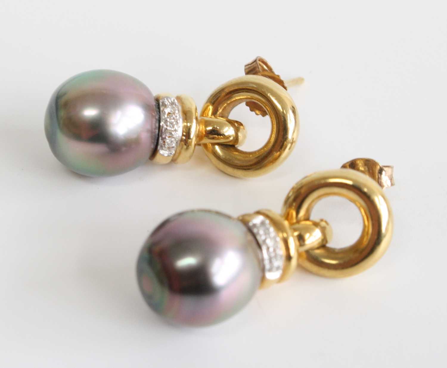 A pair of 18ct yellow gold, pearl and diamond drop earrings, each with a 10 x 9.8mm grey cultured - Image 2 of 3