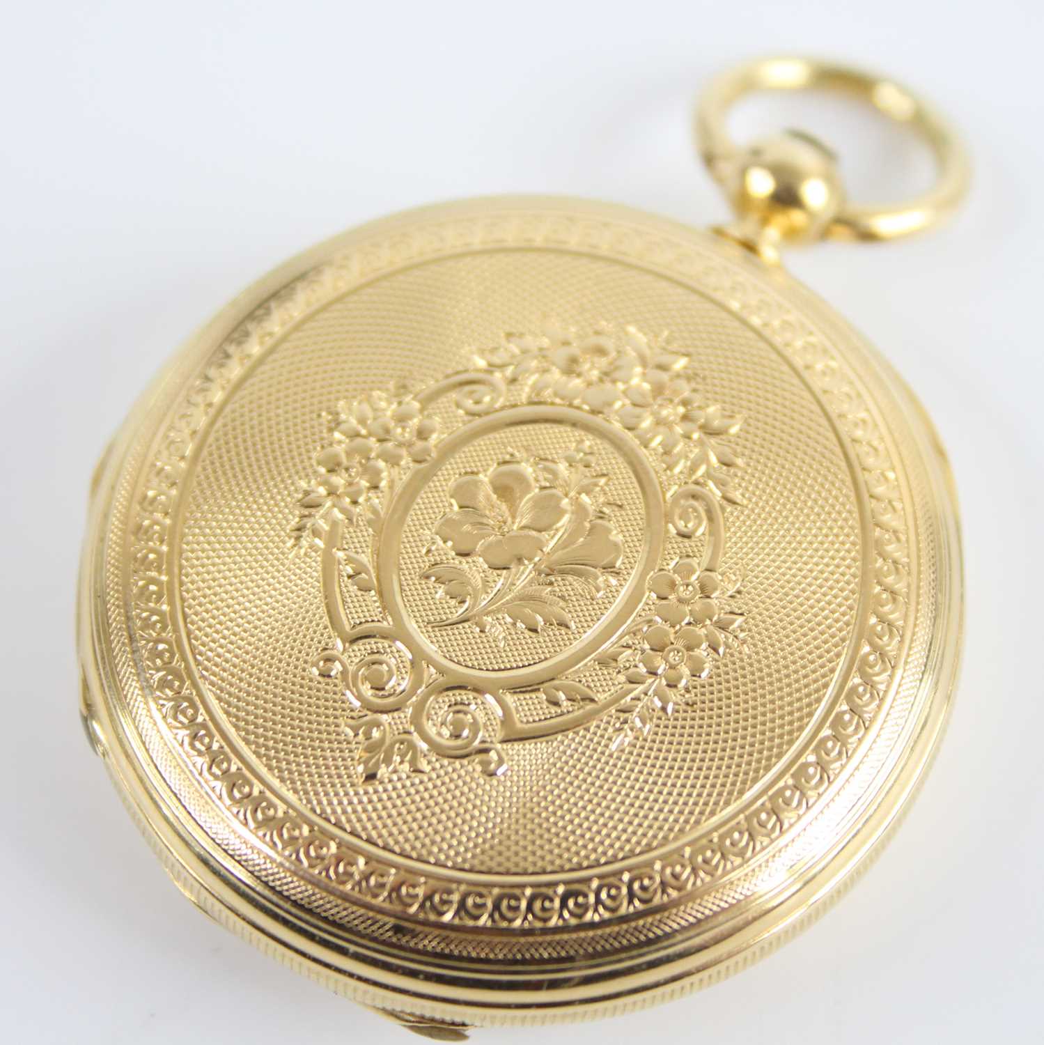 A 18ct gold lady's full hunter keywind pocket watch, having engraved case and white Roman dial, - Image 3 of 10